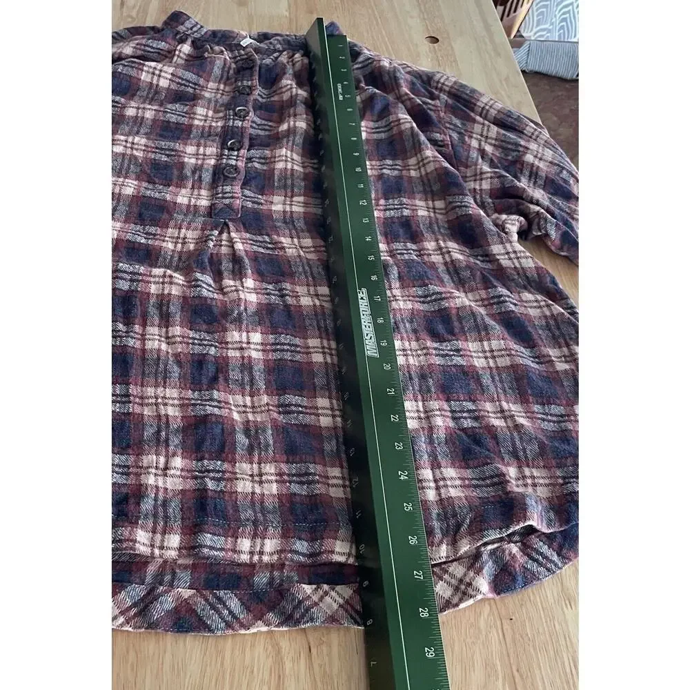 Free People Top Plaid Band Collar 1/4 Button Long Sleeve Boho Womens Medium‎